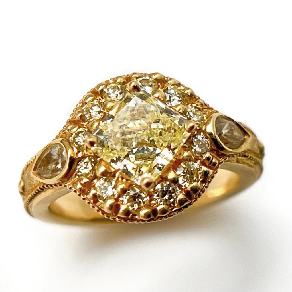 Fifteen Yellow Diamond Engagement Ring, 18K Gold, Jyotish jewelry. Vedic astrology jewelry