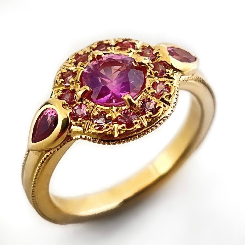 Oocha Mani - Fifteen Pink Sapphire Engagement Ring, 18K Gold, Jyotish jewelry. Vedic astrology jewelry