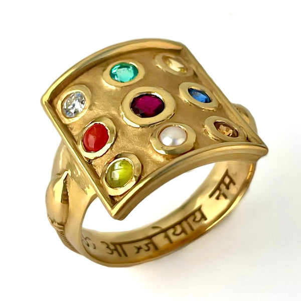 Oocha Mani - Custom Navaratna Ring, 22K Gold. Jyotish jewelry. Vedic astrology jewelry