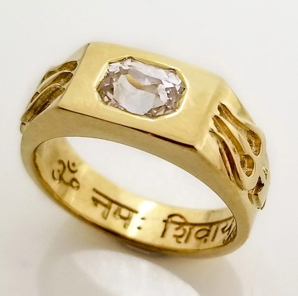 Oocha Mani - White Sapphire 'Shiva' Signet Ring for Shukra, 22K Gold, Jyotish jewelry. Vedic astrology jewelry